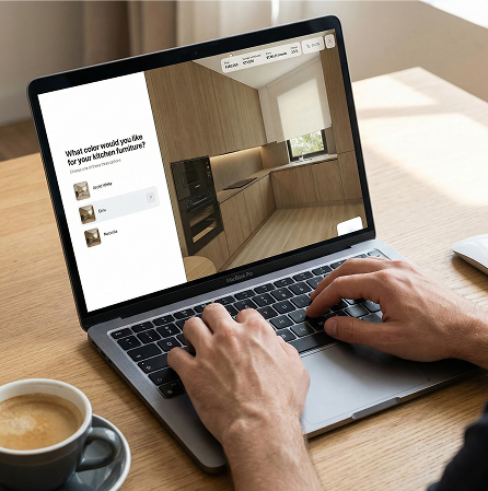 Primer plano de una persona utilizando una interfaz de inteligencia artificial en un portátil para diseño de interiores